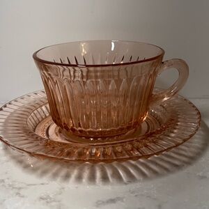 Vintage Anchor Hocking Pink Glass Teacup and Saucer Queen Mary Pattern